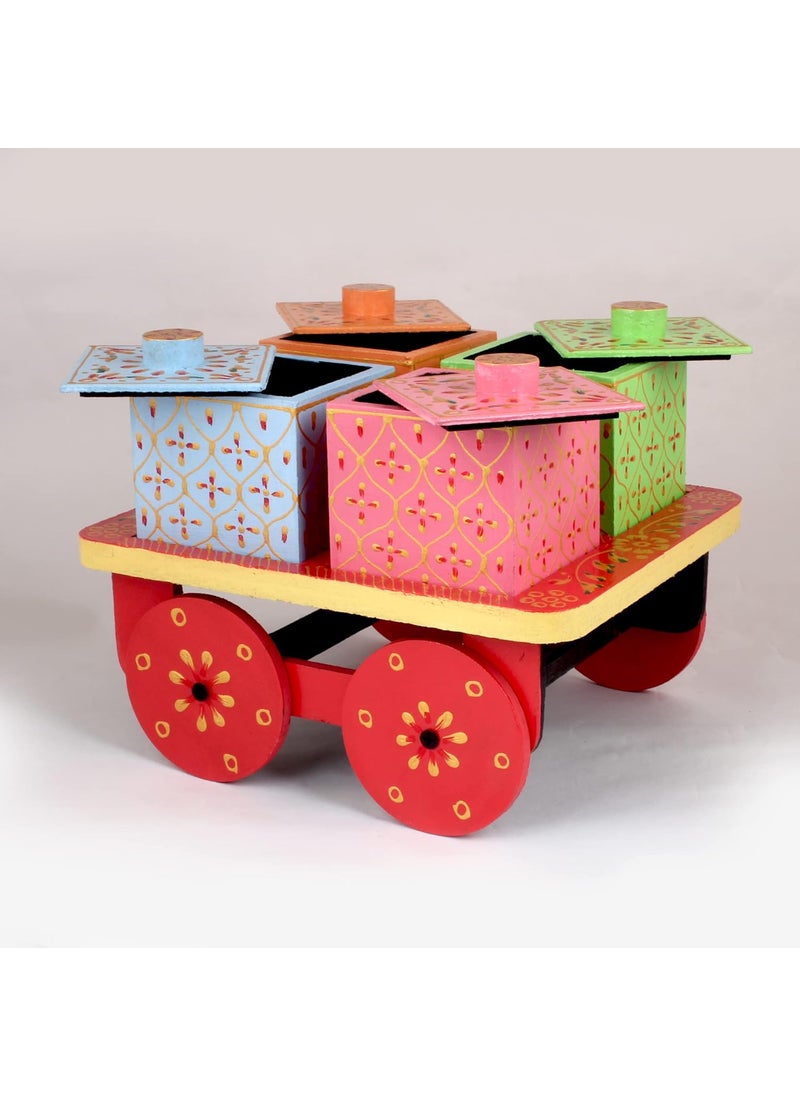 Handicraft junction Wooden Handcrafted Hand Painted Dry Fruit Storage Trolley Box Showpiece