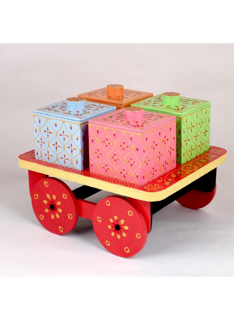 Handicraft junction Wooden Handcrafted Hand Painted Dry Fruit Storage Trolley Box Showpiece