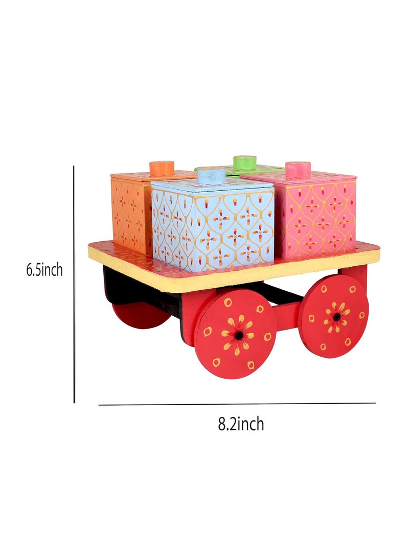 Handicraft junction Wooden Handcrafted Hand Painted Dry Fruit Storage Trolley Box Showpiece
