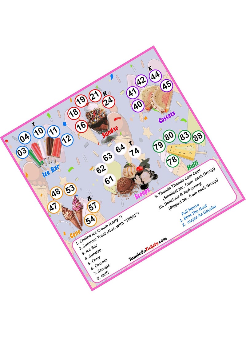 TambolaTicketscomDelicious Ice Creams with Dividends Theme tambola Tickets Bingo housie lotto Printed on Hard Sheet Big Size Tickets 72 Cards