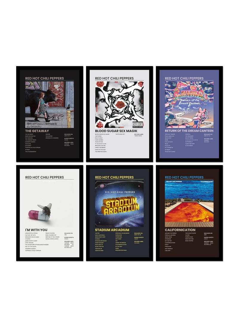 MyTees Red Hot Chili Peppers Music Album Poster Frames Set of 6 for Home Bedroom Living Room and Walls Art Multicolor 9x13 Inch
