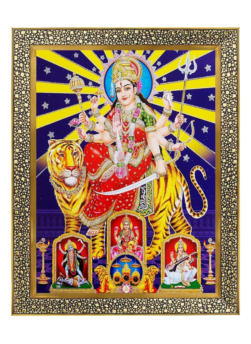 Koshtak Durga Sherawali With Laxmi Saraswati Maa Kali Photo Frame For Wall HangingGiftTemplePuja RoomHome DecorGolden Brown Synthetic Frame with Unbreakable Acrylic Glass for Worship