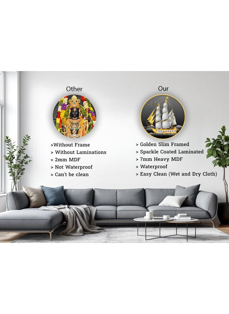 Dharvika Innovations Ship 3D Scenery photo frame for wall decoration paintings for living room round golden slim frame with premium sparkle lamination 3D 10248 1212 Inch Without Glass