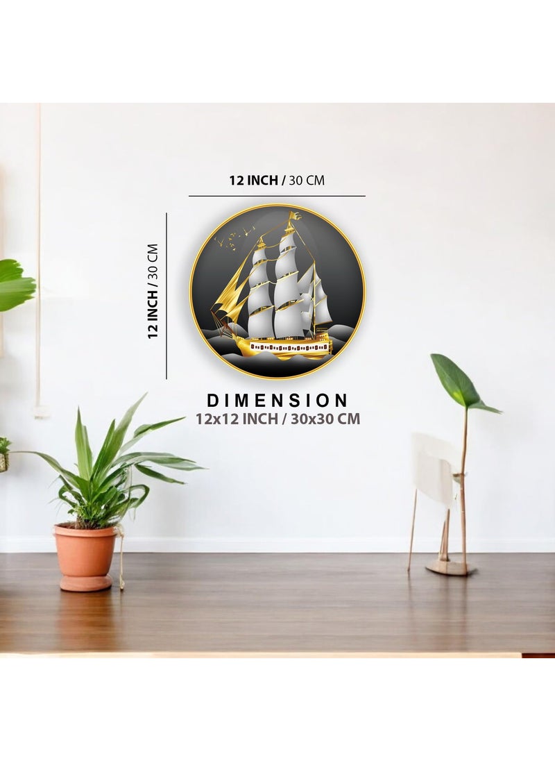 Dharvika Innovations Ship 3D Scenery photo frame for wall decoration paintings for living room round golden slim frame with premium sparkle lamination 3D 10248 1212 Inch Without Glass