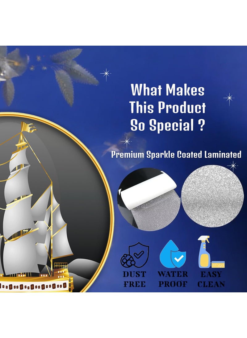 Dharvika Innovations Ship 3D Scenery photo frame for wall decoration paintings for living room round golden slim frame with premium sparkle lamination 3D 10248 1212 Inch Without Glass