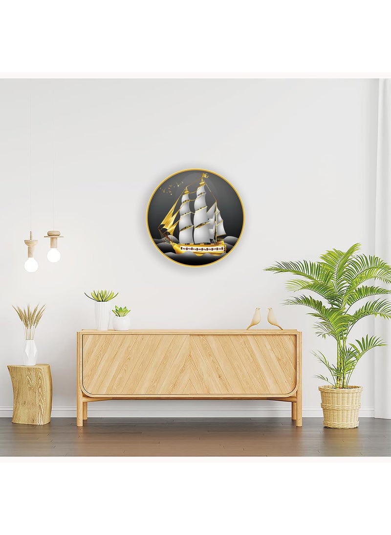 Dharvika Innovations Ship 3D Scenery photo frame for wall decoration paintings for living room round golden slim frame with premium sparkle lamination 3D 10248 1212 Inch Without Glass