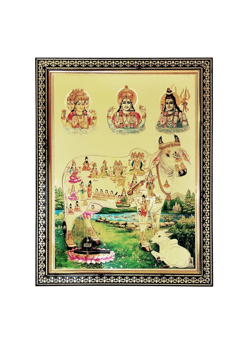 Pooja Ghar Kamadhenu Cow Gau Mata All Devatas in Cow Golden Photo Frame 9 Inches 12 Inches