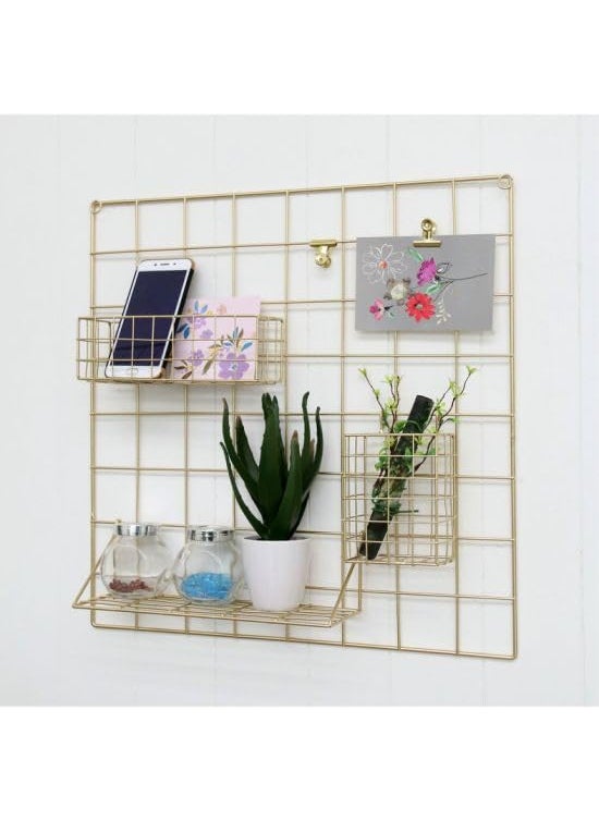 Franklite Steel Grid Photo Frame for Wall Clip Holder Photo FrameMulti Functional Creative Mesh Wall GridIron hanging frame for home Decorationwallcollage photo key2pcs Frame 3030cm Gold