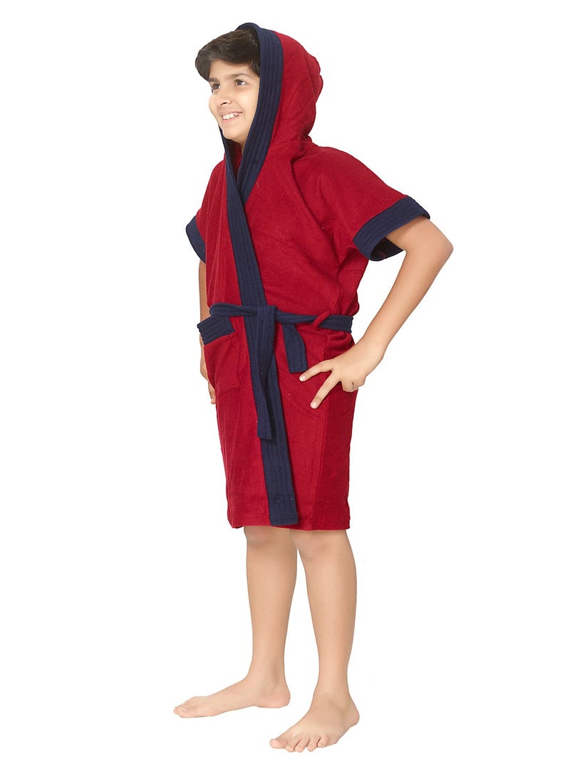 SAND DUNE Boys Hood Bathrobe Terry Cotton Shower Gown Half Sleeve Knee Length Boys Bath Robes Pocket with Waist Boys Bathrobes