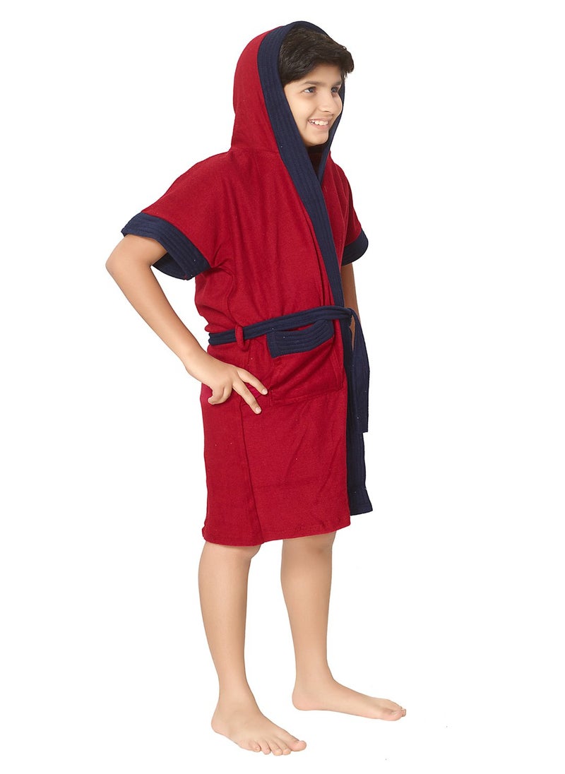 SAND DUNE Boys Hood Bathrobe Terry Cotton Shower Gown Half Sleeve Knee Length Boys Bath Robes Pocket with Waist Boys Bathrobes