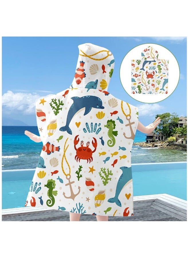 Hooded Poncho Towels for Kids, Beach Towel Poncho for Children Baby Kids Toddler, 75 x 65cm Microfibre Swimming Beach Bath Towel with Sea Animals, Swimming Beach Toweling Robe for Girls Boys
