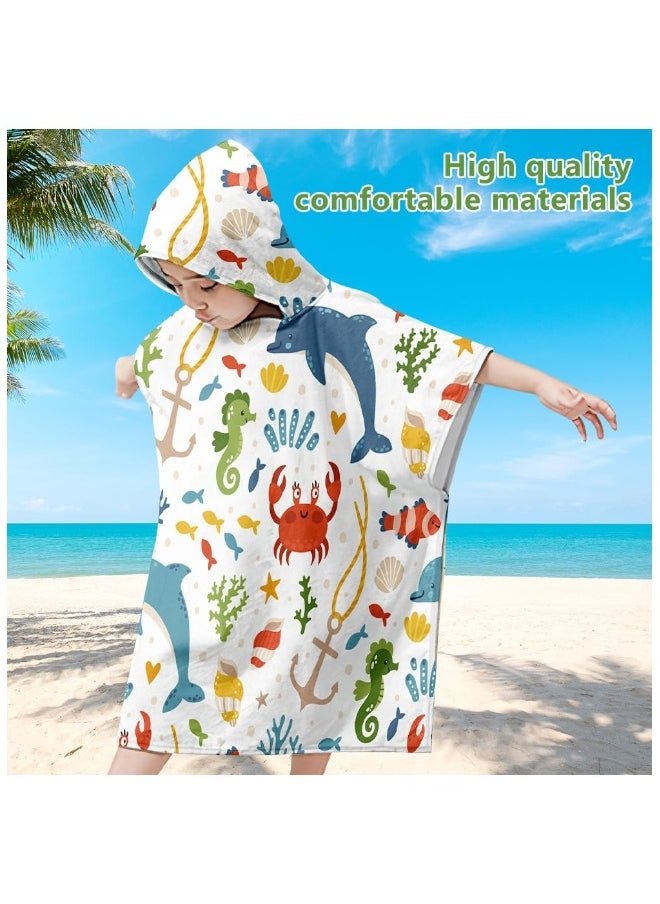 Hooded Poncho Towels for Kids, Beach Towel Poncho for Children Baby Kids Toddler, 75 x 65cm Microfibre Swimming Beach Bath Towel with Sea Animals, Swimming Beach Toweling Robe for Girls Boys