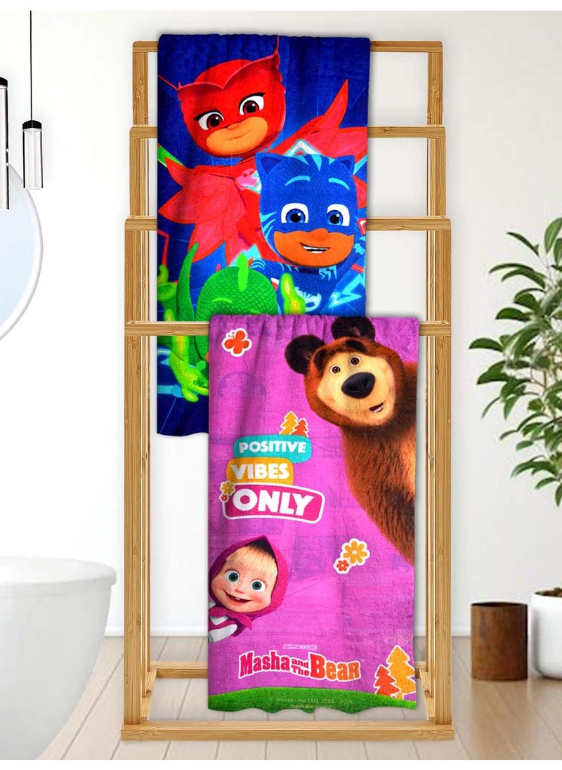 Athom Living PJ Maska with Masha and The Bear Themed Kids Bath Towel 60x120cm 350 GSM Soft Absorbent Multicolor Perfect for Boys and Girls Fun Vibrant Design Pack of 2