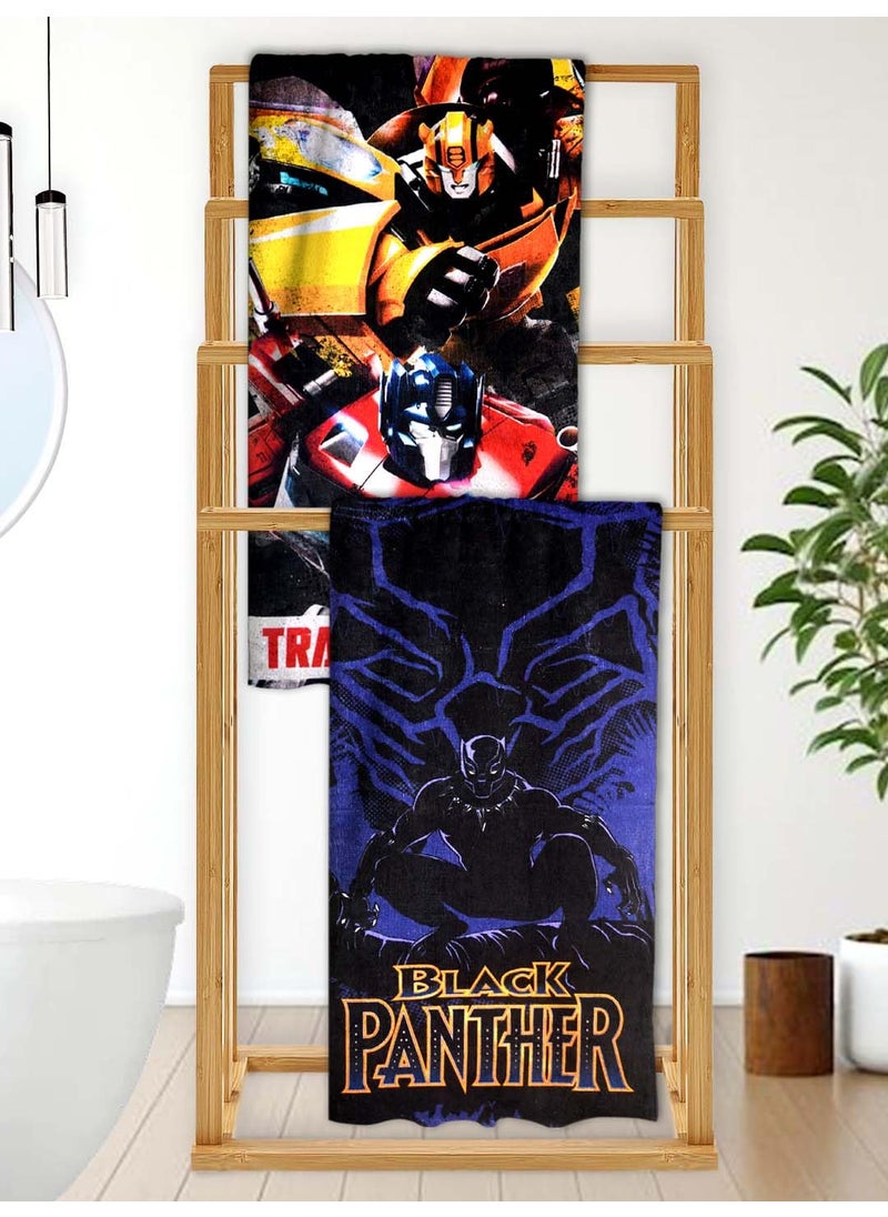 Athom Living Marvels Transformer with Black Panther Themed Kids Bath Towel 60x120cm 350 GSM Soft Absorbent Multicolor Perfect for Boys and Girls Fun Vibrant Design Pack of 2