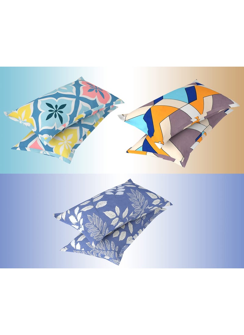 VAS COLLECTIONS 6 Pcs Cotton Pillow Cover Set 3 Pairs 144 TC Supersoft Brushed Cotton Breathable Wrinkle Free 6 Pcs Set Grey Blue Yellow
