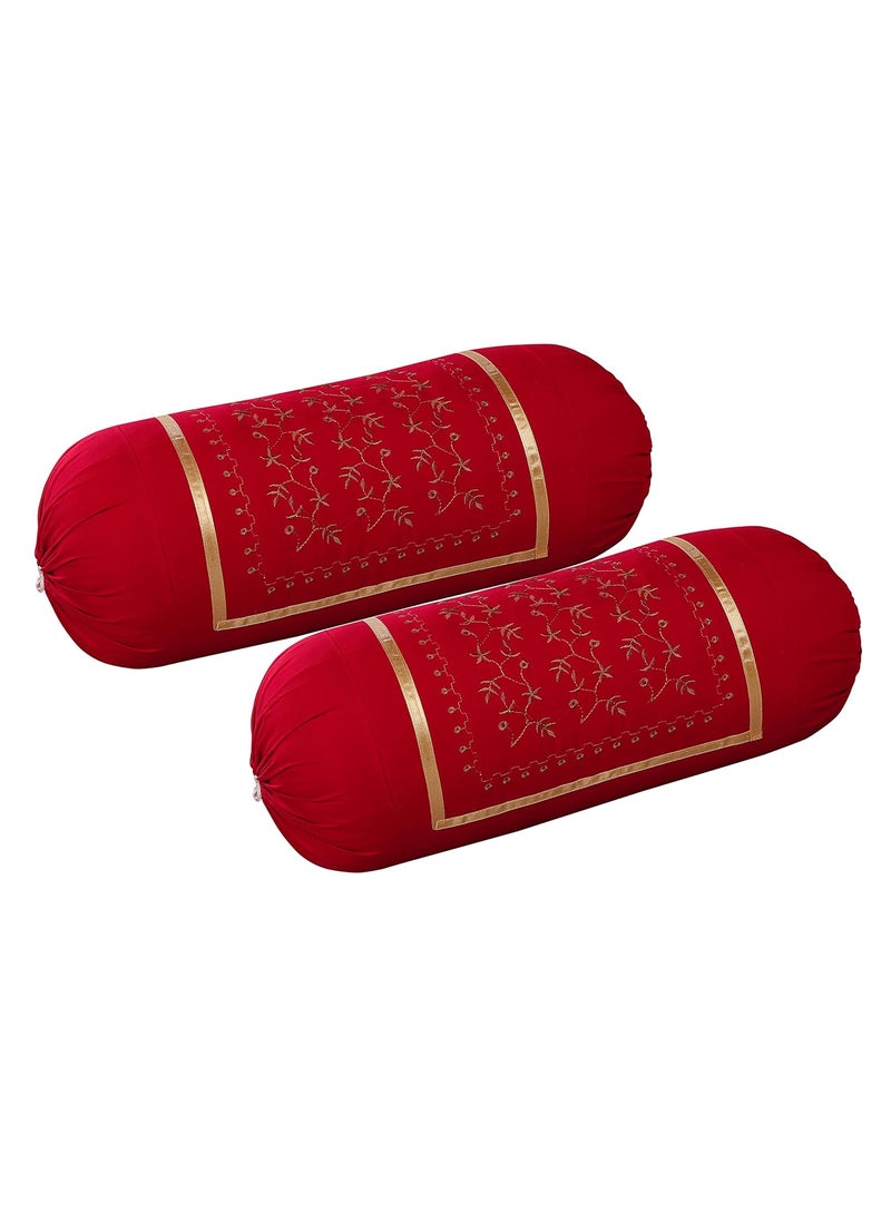 Rj Products Embroided Cotton Bolster Covers Set of 4 Piece Zari_Maroon_Brown