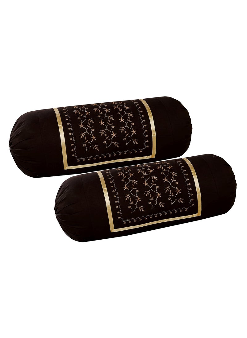 Rj Products Embroided Cotton Bolster Covers Set of 4 Piece Zari_Maroon_Brown