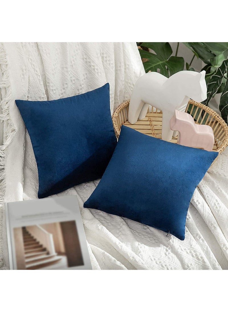 Linen Basics Decorative Holland Velvet Cushion Square Pillow Covers Pillowcases for Sofa Bedroom with Invisible Zipper Navy Blue Set of 2 Piece 16X16 Inches