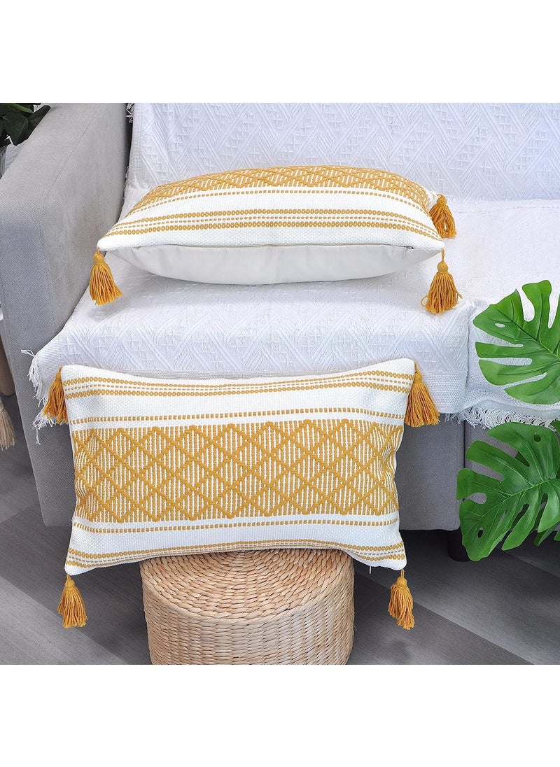 ALSTONIA Pillow Cover 100 Cotton Modern Decorative Handmade Pillow cover with Tassels for SofaCouchBedDecorative Pillow Cases Zipper Eclosure 12x20 Inches Set of 2 Mustered Yellow White