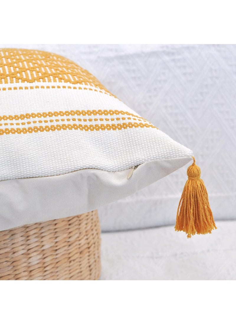 ALSTONIA Pillow Cover 100 Cotton Modern Decorative Handmade Pillow cover with Tassels for SofaCouchBedDecorative Pillow Cases Zipper Eclosure 12x20 Inches Set of 2 Mustered Yellow White