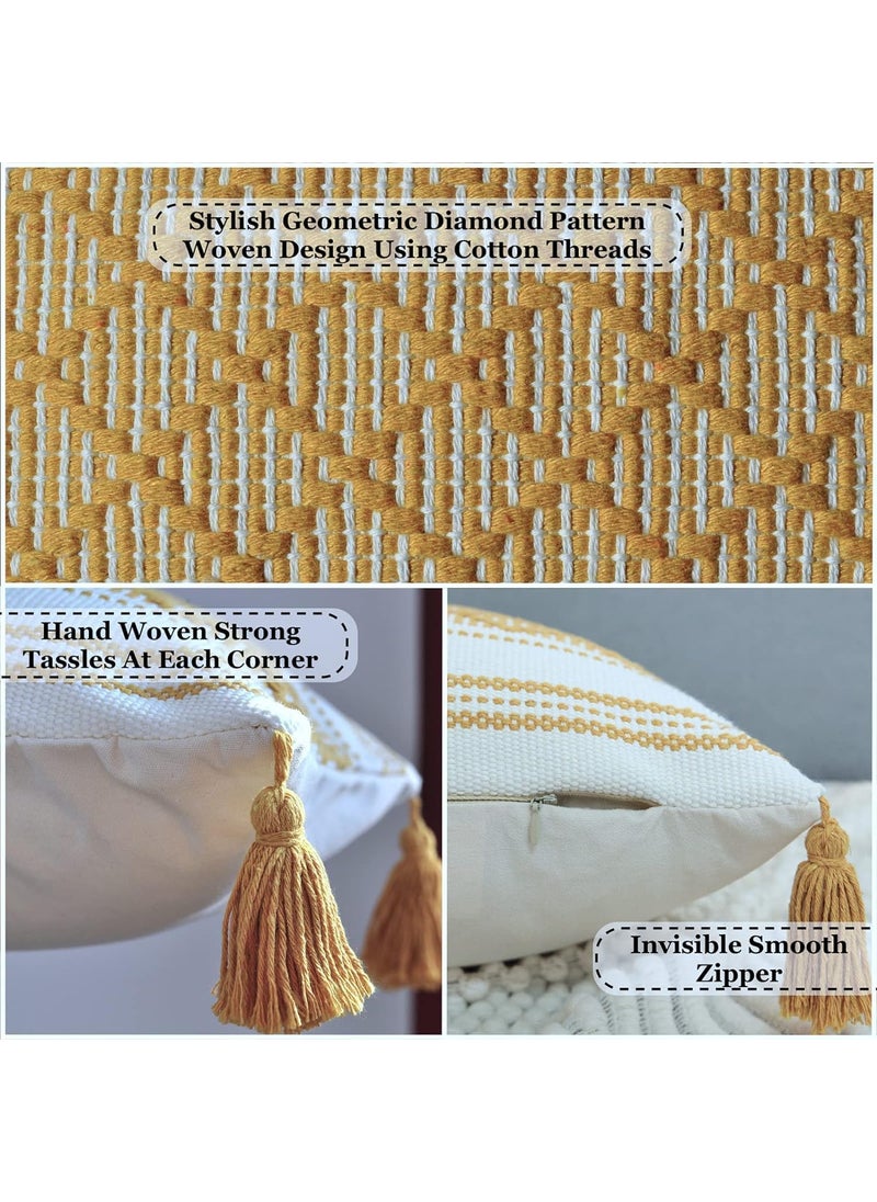 ALSTONIA Pillow Cover 100 Cotton Modern Decorative Handmade Pillow cover with Tassels for SofaCouchBedDecorative Pillow Cases Zipper Eclosure 12x20 Inches Set of 2 Mustered Yellow White