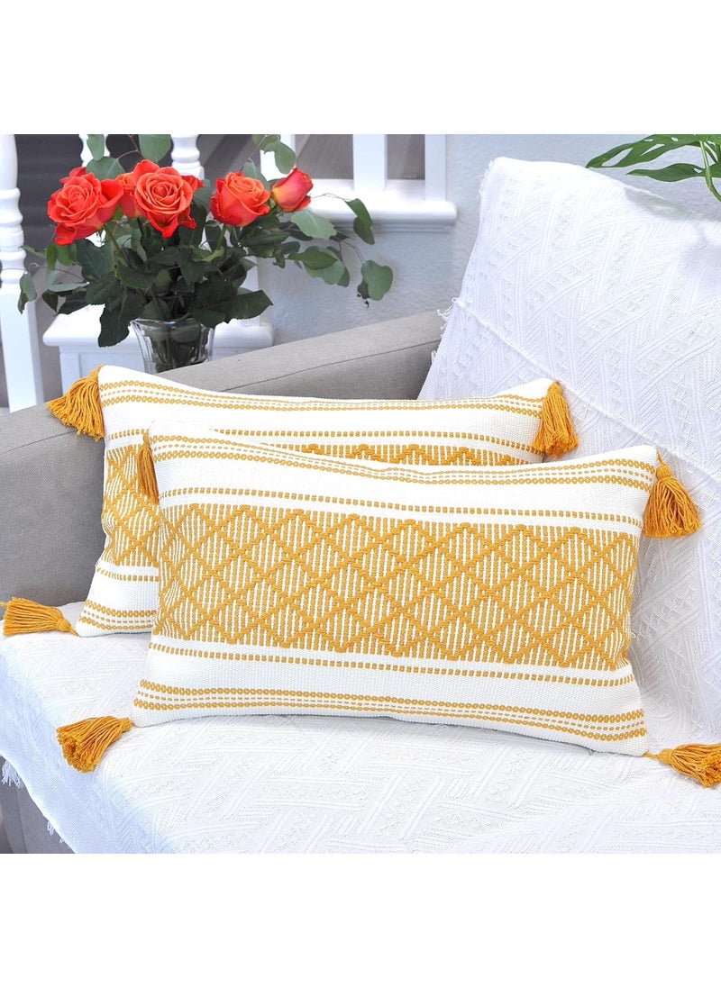 ALSTONIA Pillow Cover 100 Cotton Modern Decorative Handmade Pillow cover with Tassels for SofaCouchBedDecorative Pillow Cases Zipper Eclosure 12x20 Inches Set of 2 Mustered Yellow White