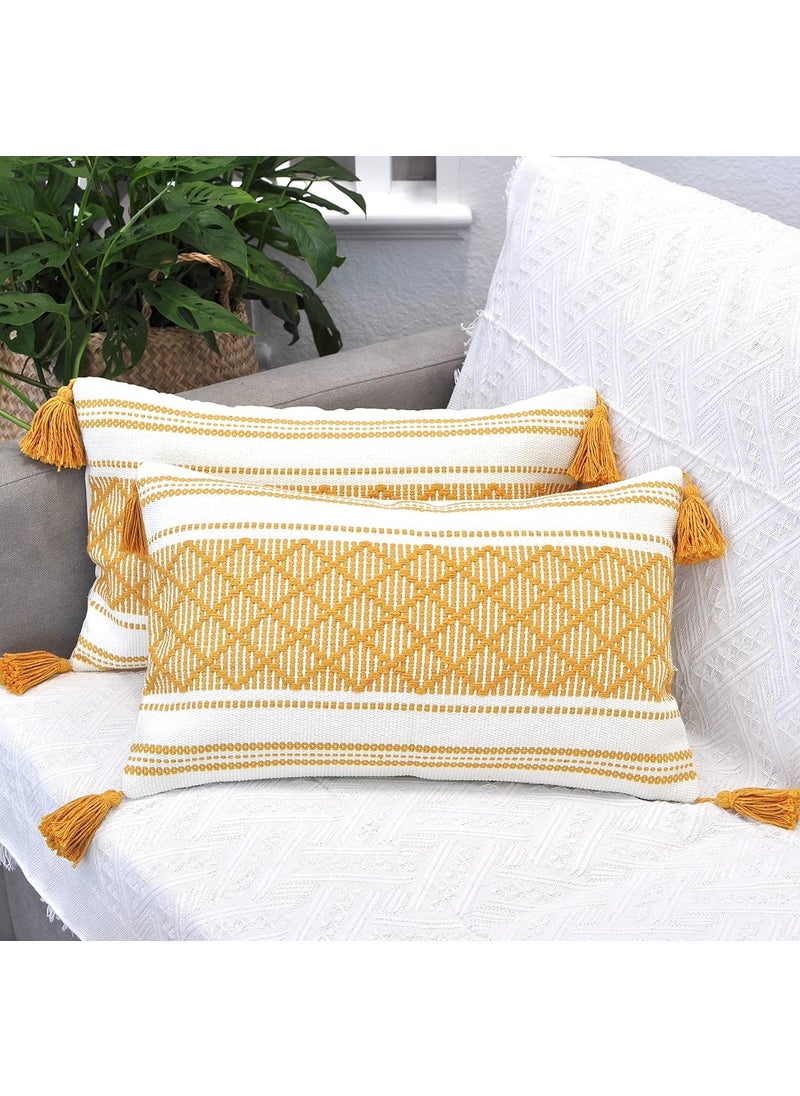 ALSTONIA Pillow Cover 100 Cotton Modern Decorative Handmade Pillow cover with Tassels for SofaCouchBedDecorative Pillow Cases Zipper Eclosure 12x20 Inches Set of 2 Mustered Yellow White