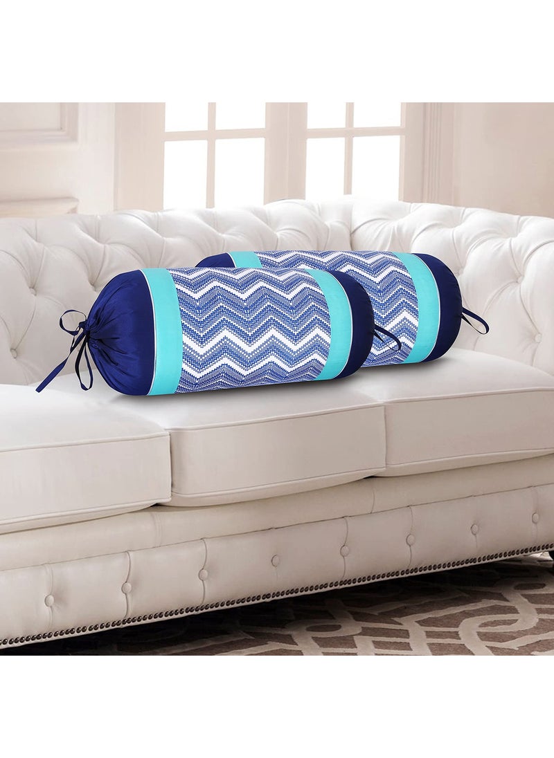 HOME9INE Polyester Printed Bolster Covers with Patch Work 30X15 Inch Dark Blue and Teal Green Pack of 2
