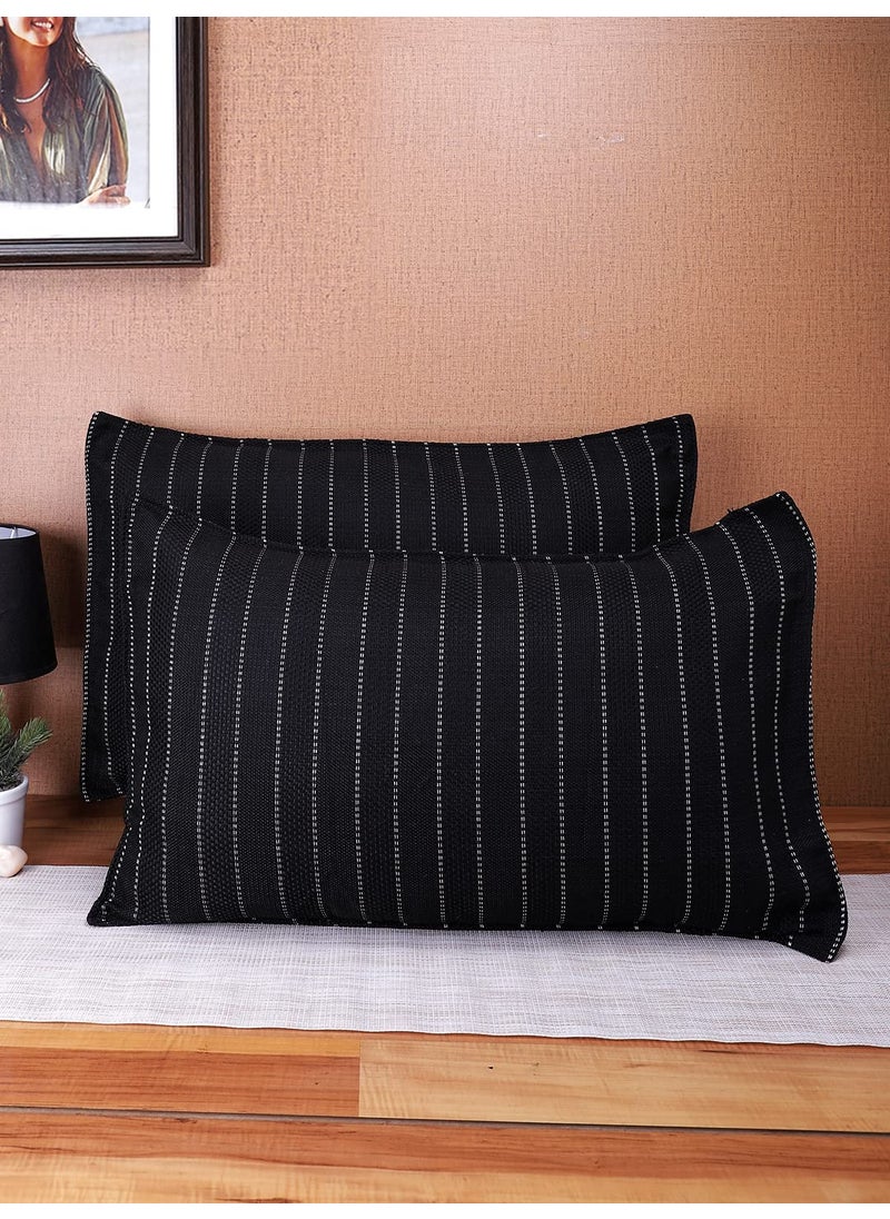 The Conversion Set of 2 Jute Natural Feel Premium Fabric Stripes Design Black Color 2 pc Pillow Cover 17x27