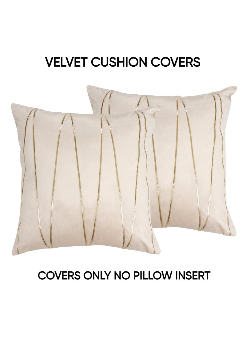 Umi Gold Leather Striped Pack of 2 Throw Pillow Covers Velvet Decorative Cushion Covers Cases for Sofa Bedroom Livingroom Car 16 x 16 inch in Beige Color