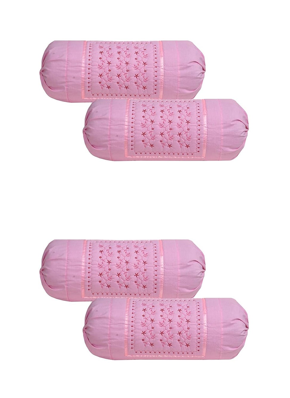 HSR Collection Embroidered Cotton Bolster Round Pillow Covers Pack of 4 Pink