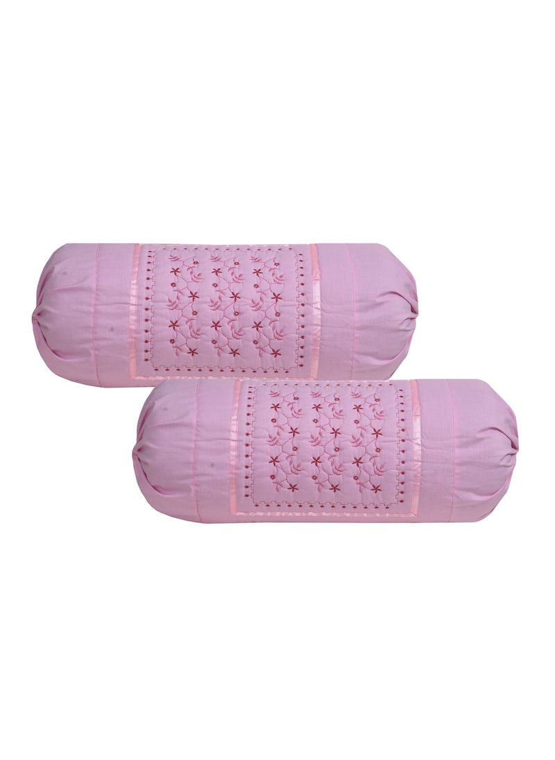 HSR Collection Embroidered Cotton Bolster Round Pillow Covers Pack of 4 Pink