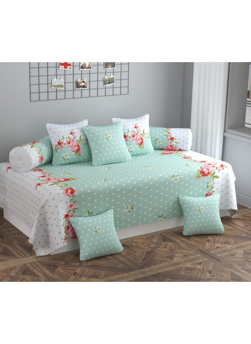 HOMICON Premium Glace Cotton 8 Pieces Diwan Cover Set with 5 Cushions Cover and 2 Bolster Cover 125 Combo Green White