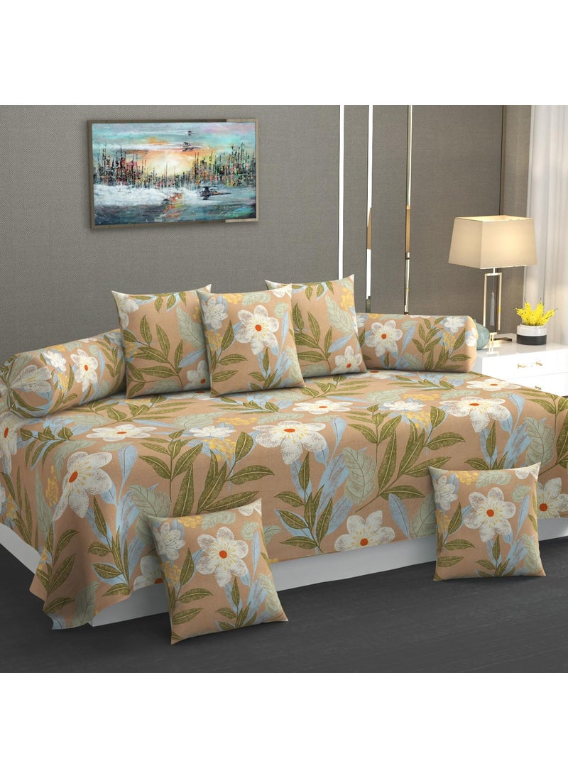 Festival Home Furnishings Cotton Fabric 5D Diwan Covers Set of 2 Bolster Covers 1 Bedsheet 5 Cushion Covers Standard Size Floral Brown