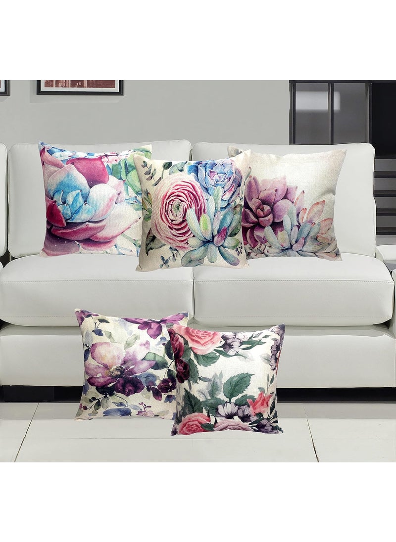 Home9ine Premium Jute Digital Printed Cushion Pillow Cover Set of 5 16x16 Inches MultiRose