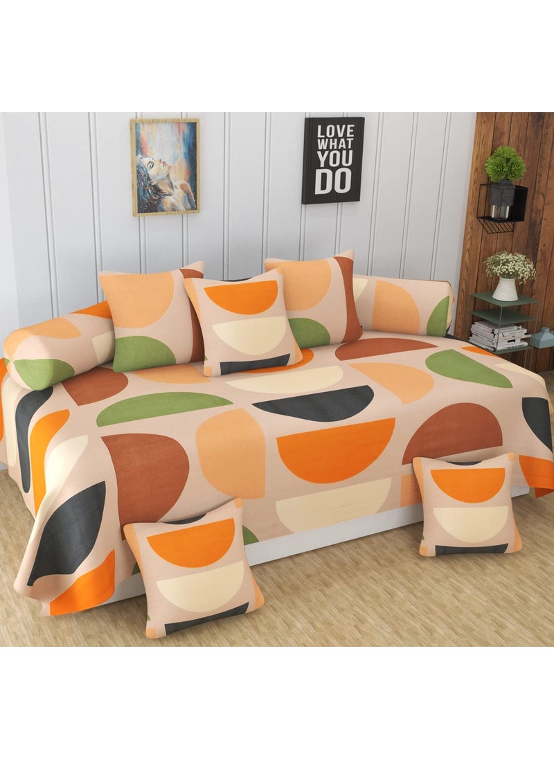 Festival Home Furnishings Cotton Fabric 5D Diwan Covers Set of 2 Bolster Covers 1 Bedsheet 5 Cushion Covers Standard Size Creamy