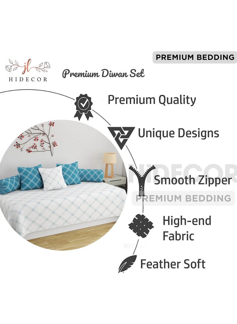 HIDECOR Super Soft Cotton Geometrical diwan Set for Living Room diwan Set Covers Cotton diwan Set 6 Pieces One Single Bedsheet with 3 Cushion Cover2 Bolster White Blue