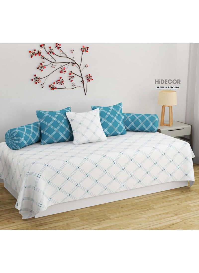 HIDECOR Super Soft Cotton Geometrical diwan Set for Living Room diwan Set Covers Cotton diwan Set 6 Pieces One Single Bedsheet with 3 Cushion Cover2 Bolster White Blue