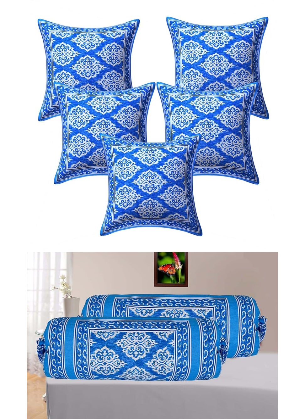 Skykross Everyday A New Thing Damask Print 100 Pure Cotton Cushion Cover Bolster Cover Set of 7 Decorative Covers for SofaBedroomLiving Room 16 16 16 32 Sky Blue