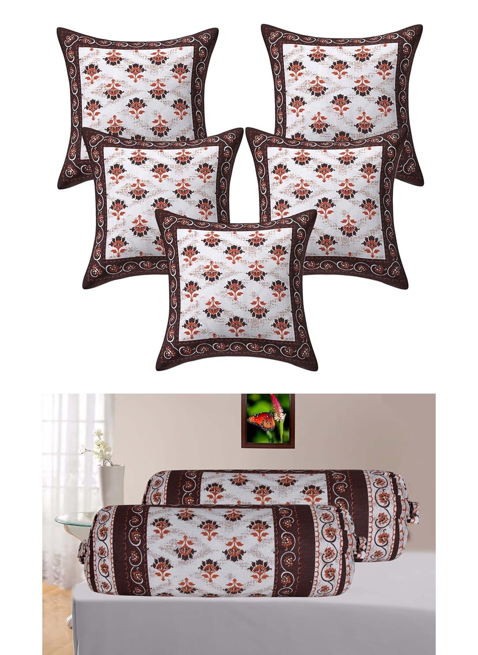 Skykross Everyday A New Thing Flora Print 100 Pure Cotton Cushion Cover Bolster Cover Set of 7 Decorative Covers for SofaBedroomLiving Room 16 16 16 32 Brown