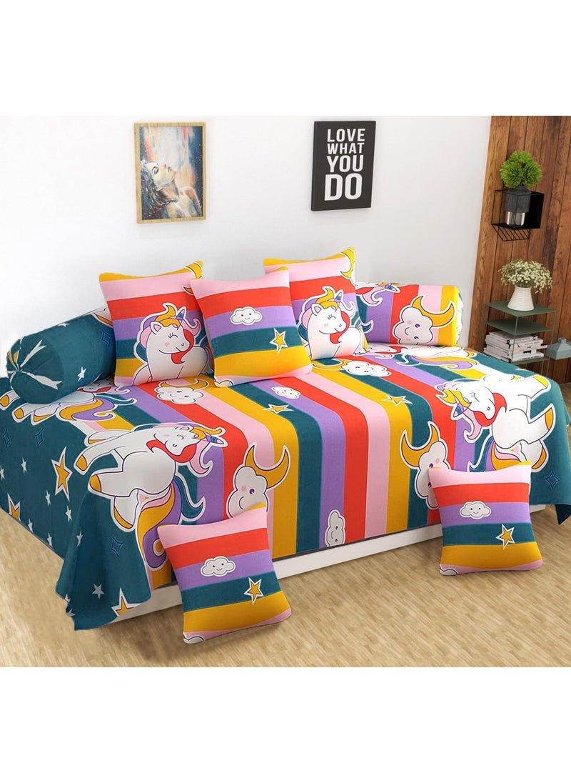REDROME Diwan Set Combo Pack for Living Room Diwan Set Covers Glace Cotton Diwan Set 8 Pieces 1 Single Bedsheet 5 Cushion Covers 2 Bolster Covers Cartoon Unicorn Cartoon