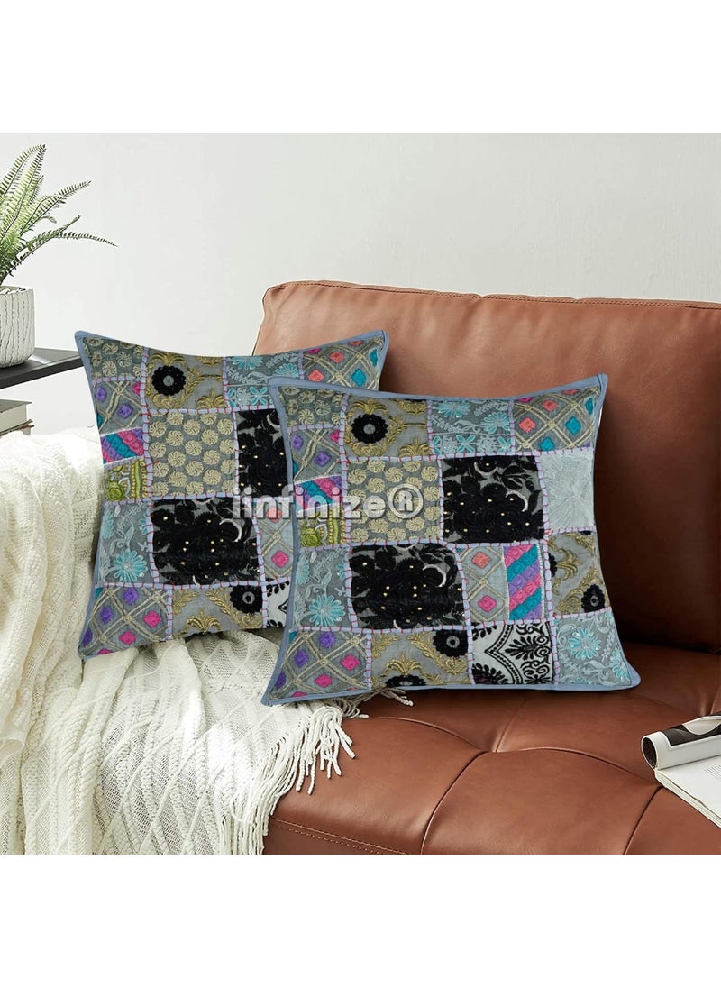 iinfinize Set of 2 Bohemian Cushion Handmade Patchwork Pillow Case Decorative Indoor Outdoor Pillow Cover 24x24 Inch Square Floor Cushion