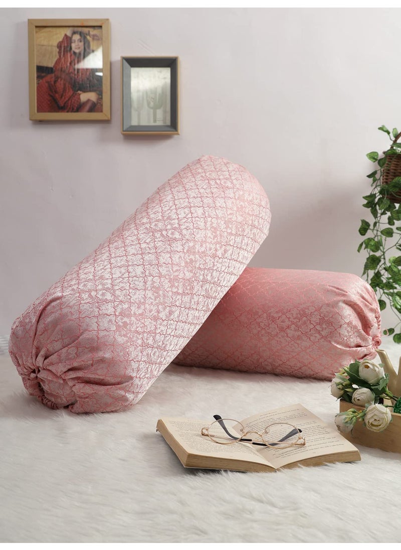 THE CONVERSION Set of 2 Premium Imported Blended Jacquard Fabric self Geometric Design Pink Color Bolster CoverLoad Cover 2 pc 15x30 38 cm x 75 cm