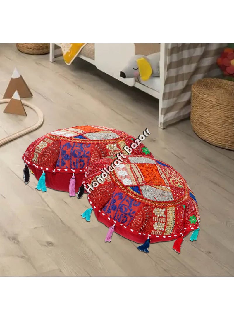 Handicraft Bazarr Throw Pillow Case Cotton Cushion Cover Vintage Patchwork Handmade Pillow Cover Bohemian Embroidery Round Living Room Cushion Case 16 Inch