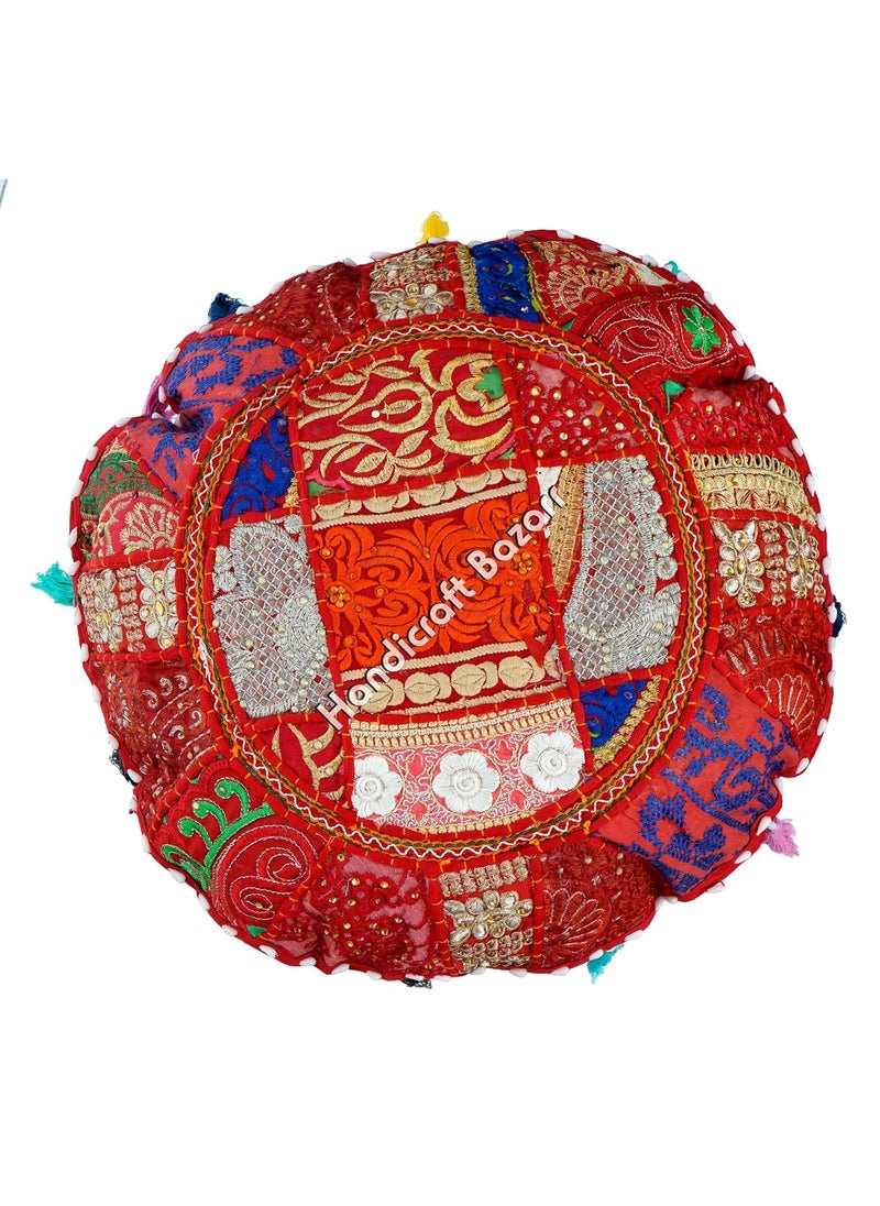 Handicraft Bazarr Throw Pillow Case Cotton Cushion Cover Vintage Patchwork Handmade Pillow Cover Bohemian Embroidery Round Living Room Cushion Case 16 Inch