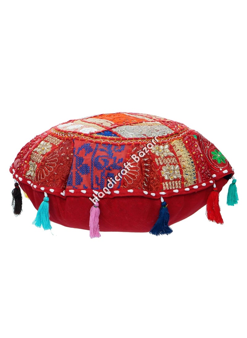 Handicraft Bazarr Throw Pillow Case Cotton Cushion Cover Vintage Patchwork Handmade Pillow Cover Bohemian Embroidery Round Living Room Cushion Case 16 Inch