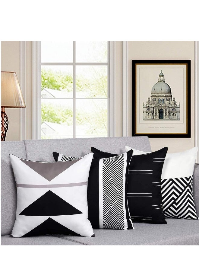 Throw Pillow Covers, Modern Geometric Pillowcase Set of 4 Throw Cushion Cover for Bed Couch Sofa Office Decor, 18 × 18 Inches, Black and White