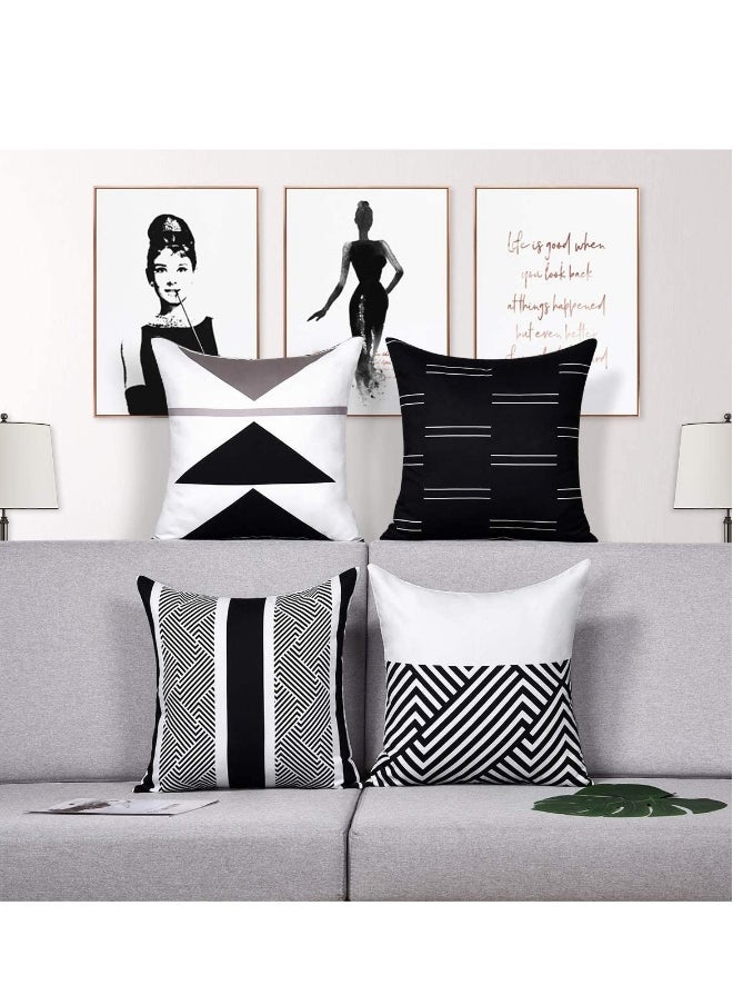 Throw Pillow Covers, Modern Geometric Pillowcase Set of 4 Throw Cushion Cover for Bed Couch Sofa Office Decor, 18 × 18 Inches, Black and White