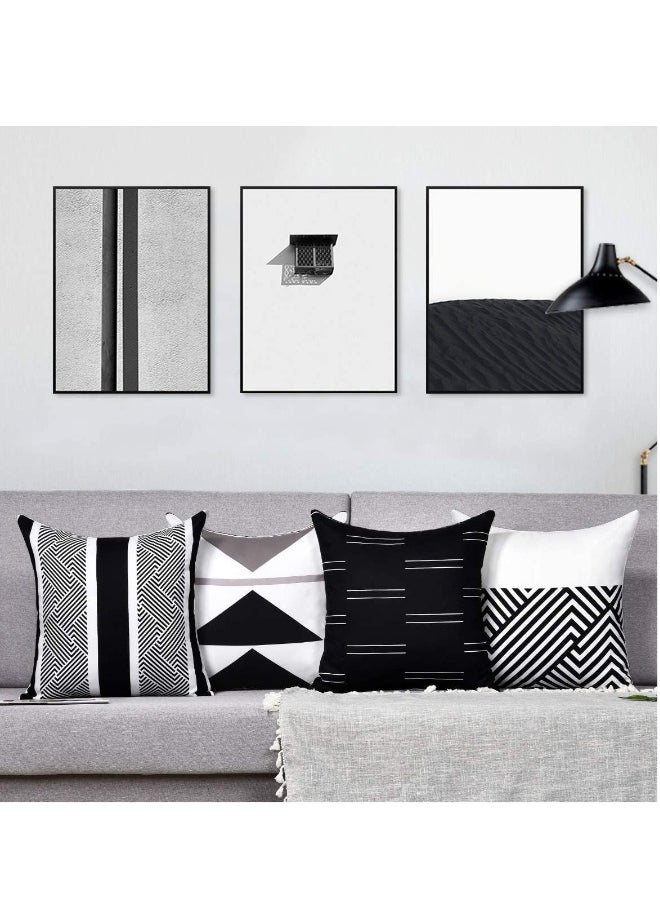 Throw Pillow Covers, Modern Geometric Pillowcase Set of 4 Throw Cushion Cover for Bed Couch Sofa Office Decor, 18 × 18 Inches, Black and White