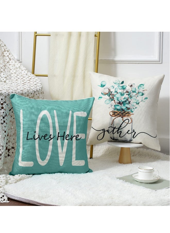 Throw Pillow Covers 18x18 Set of 4 Farmhouse Teal Pillow Covers Cushion Cases Decorative Pillowcases for Sofa Couch Living Room Outdoor Home Decor 45x45cm